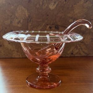 Elegant Pink Depression Glass Mayonnaise Bowl With Ladle